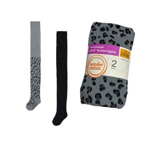 Wonder Nation Girls' Gray Leopard Print and Black Footed Tights - 2 Pack